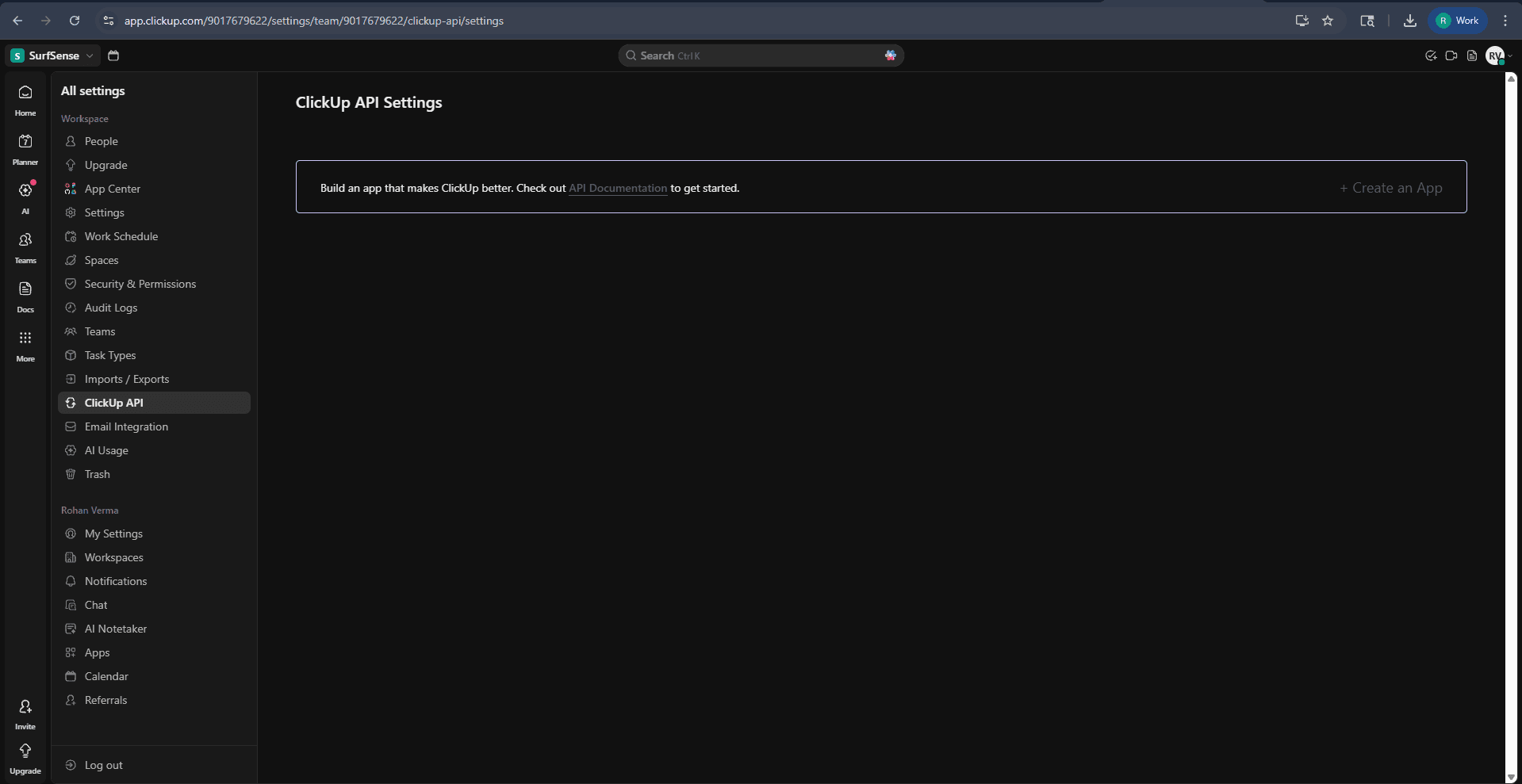 ClickUp API Settings Page